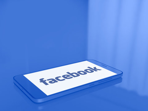 Facebook logo on the screen of a smartphone - bright and vibrant monochrome 3D illustration - very popular social network among young people - Poitiers, France, August 25, 2020