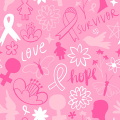 Breast cancer pink flower doodle background