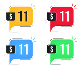 11 dollar price. Yellow, red, blue and green currency tags with balloon concept.