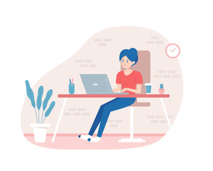 Attractive woman working on laptop. Freelance, remote work, home office design