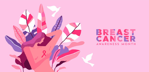 Breast Cancer month banner of pink tropical woman