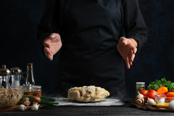 Chef prepares dough for pie, bread, pizza or italian pasta, cooking and recipe book, on the background of fresh vegetables, frozen in motion flour