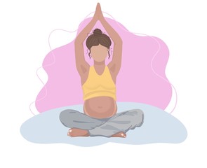 A pregnant woman is sitting in some yoga pose. Illustration for print, women&rsquo;s magazines, brochures, websites, posters
