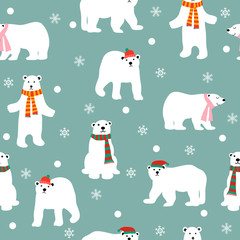 Cartoon cute polar bear animal set on green pastel. Seamless vector illustration with. Bears for christmas card design in different poses.