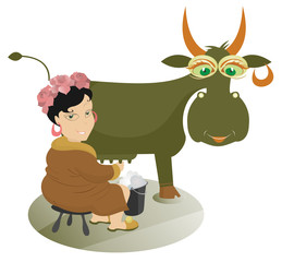 Young woman and cow isolated. Cartoon woman farmer is milking a cow 

