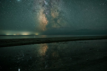 Ocean with star background. Starlight in deep universe. Milky way galaxy