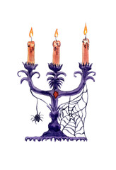 illustration of a candlestick for halloween. Candlestick with three burning candles, a spider and a cobweb. watercolor illustration