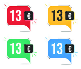 13 euro price. Yellow, red, blue and green currency tags with balloon concept.