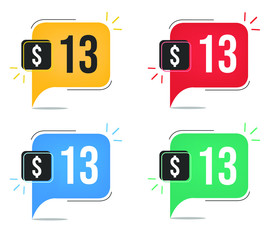 13 dollar price. Yellow, red, blue and green currency tags with balloon concept.