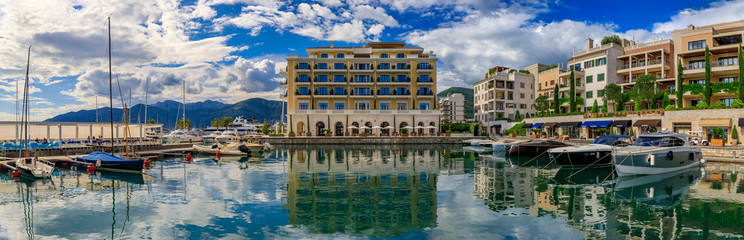 Tivat, Montenegro - May 31, 2019: Scenic view of the Adriatic Sea and modern residential buildings,...
