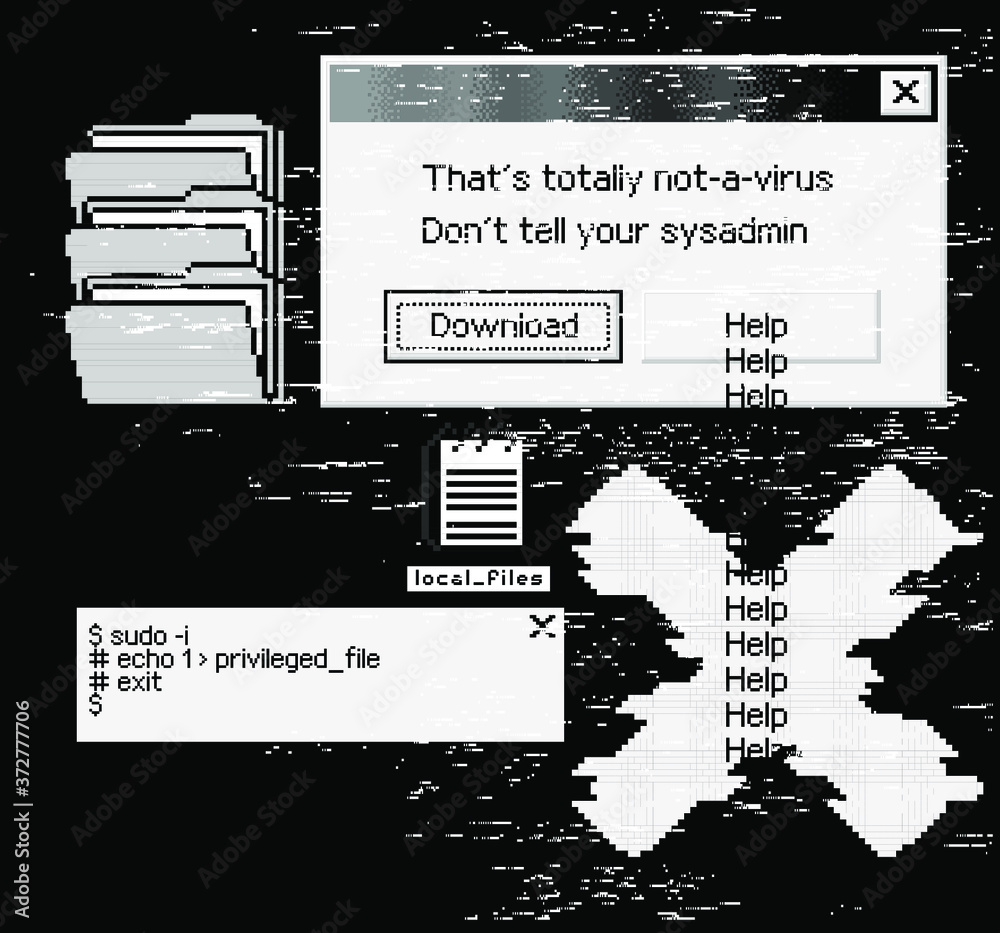 Poster Conceptual illustration of a virus programm, malware, hacker attack. Infected computer screen with warning messages and buggy and glitchy pixels.