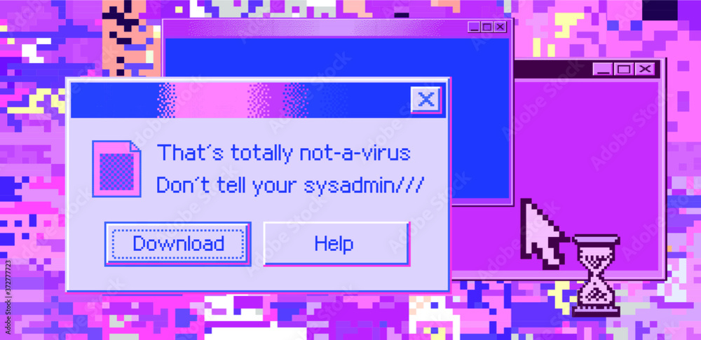Poster Conceptual illustration of a virus programm, malware, hacker attack. Infected computer screen with warning messages and buggy and glitchy pixels.