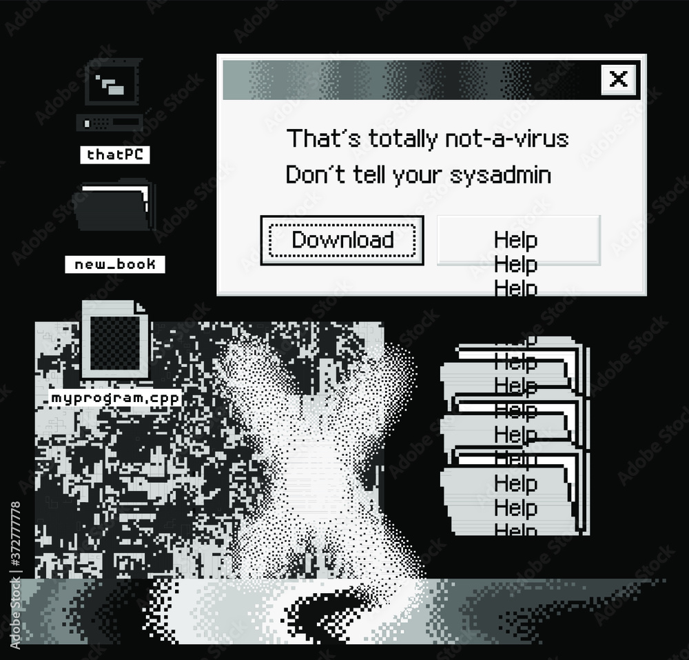 Fototapete Conceptual illustration of a virus programm, malware, hacker attack. Infected computer screen with warning messages and buggy and glitchy pixels.
