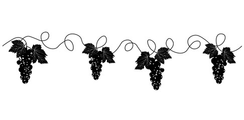 Vector stock illustration of border of the vine. Decorative elements, corners with bunches of grape, grape leaves, swirls. Vintage wine card logo. Label for wine, restaurant, kitchen ornament.