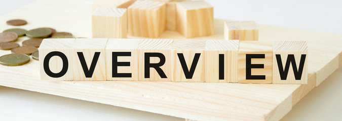 text overview is written on a cube near the coins. financial overview