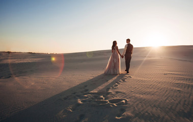 newlyweds walk in the desert