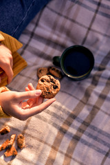Woman in yellow pullover holding cookies with chocolate outdoor picnic