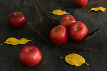 Fuji apples on dark grey background 