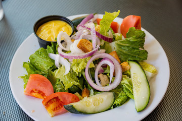 Close up shot of delicious salad with sauce