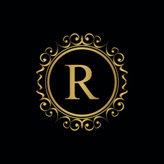 Golden letter R template logo Luxury letter with crown. Monogram alphabet . Beautiful royal initials letter.	
