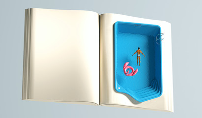 Book with swimming pool, metaphorically represents reading during the summer on vacation, conceptual immersion in reading, 3d illustration, 3d rendering