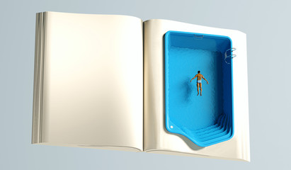 Book with swimming pool, metaphorically represents reading during the summer on vacation, conceptual immersion in reading, 3d illustration, 3d rendering