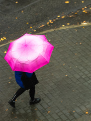 Woman walking down the street under a pink umbrella, autumn rainy day.