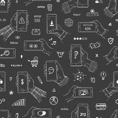 Hand Drawn Doodle Human Hands Holding Smartphone and Social Media Icons Seamless Pattern. Vector illustration