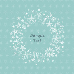 Fototapeta na wymiar Christmas, New Year or Birthday card template. Hand drawn doodle Fireworks and Stars Round frame. Holiday background vector illustration