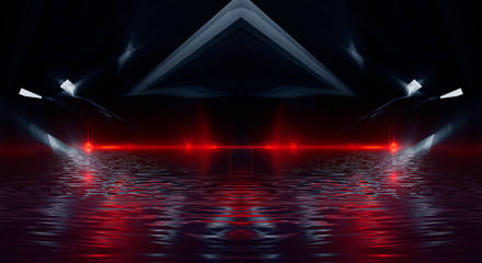 Abstract dark modern futuristic background with red neon light, beams and spotlights. Reflection of night lights in the water. Light tunnel, neon light. Empty night scene. 3D illustration.