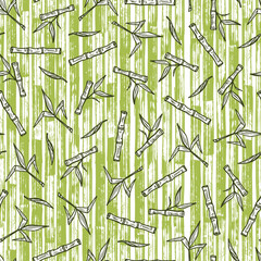 Hand Drawn Bamboo or Sugarcane Plants Vector Seamless Pattern. Stalks with leaves endless background.