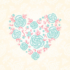 Valentine card. Flower Heart of Roses. Vintage rose