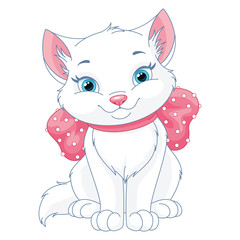 Cute white cat with pink bow. Cartoon vector clipart