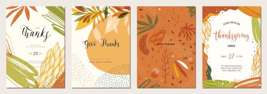 Thanksgiving cards. Set of abstract creative universal artistic templates. Good for poster, invitation, cover, banner, placard and brochure
