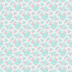 Vector Flowers and Leaves Seamless Pattern. Hand drawn Rose Flower Sketch. Beautiful Bouquet of Summer garden flowers. Blue Pink Floral Background
