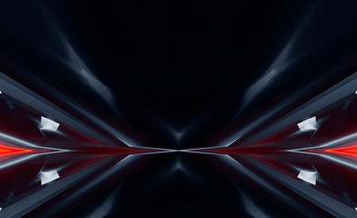 Abstract dark modern futuristic background with red neon light, beams and spotlights. Symmetrical reflection. Light tunnel, neon light. Empty night scene.