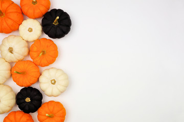 Autumn pumpkin side border in Halloween colors orange, black and white against a white background....
