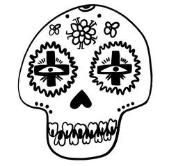 Mexican sugar skull. Day of the dead. Dia de los muertos. Halloween Decorated skull. Vector illustration. Doodle element for logo, label, emblem, sign, poster, t shirt. Vector illustration
