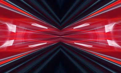 Abstract dark modern futuristic background with red neon light, beams and spotlights. Symmetrical reflection. Light tunnel, neon light. Empty night scene.
