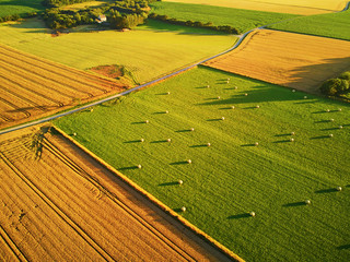 Aerial view of pastures and farmlands in Brittany, France