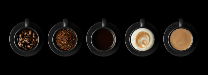 Five black cups with coffee and saucers on black background. Coffee beans, ground coffee, espresso, cappuccino and dalgona coffee. Flat lay.