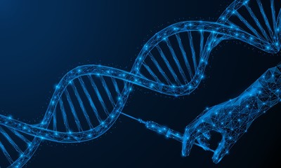 Gene therapy of the DNA cell. Research changes in the genome of a living organism. Low-poly design of a human hand with a syringe and a spiral-shaped chromosome. Blue background.