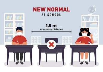 Social distancing at school illustration. New normal at school during coronavirus. Back to school. Children maintaing safe distance vector. Pupils wearing face masks. Students sitting in the classroom