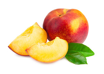 peach fruits with green leaf and slices isolated on white background