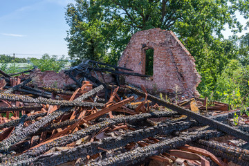 Burned house. Fire damage. A site of fire.