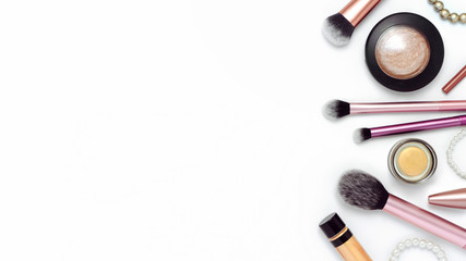 Beauty make-up flat lay composition with copy space. Cosmetics and brushes for makeup on white background, top view.
