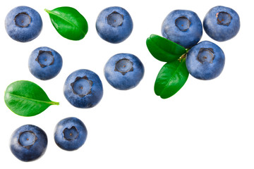 blueberries with leaves isolated on white background. top view. healthy background.