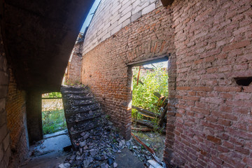 Burned house. Fire damage. A site of fire.
