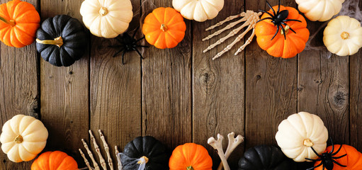 Halloween double border of orange, black and white pumpkins, bones and spiders against a rustic wood banner background. Copy space.