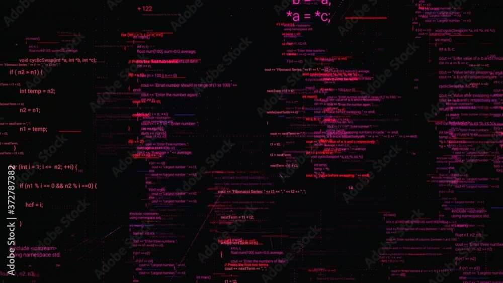 Poster abstract program code written and moved in the virtual space. animation. camera moving through the c